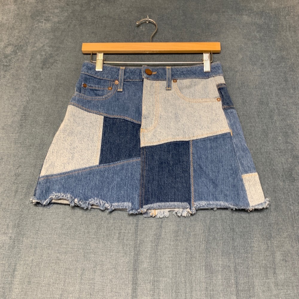 Vintage AO.LA Mini Skirt Womens 26 Blue Denim Cotton Stretch Patchwork Outdoor